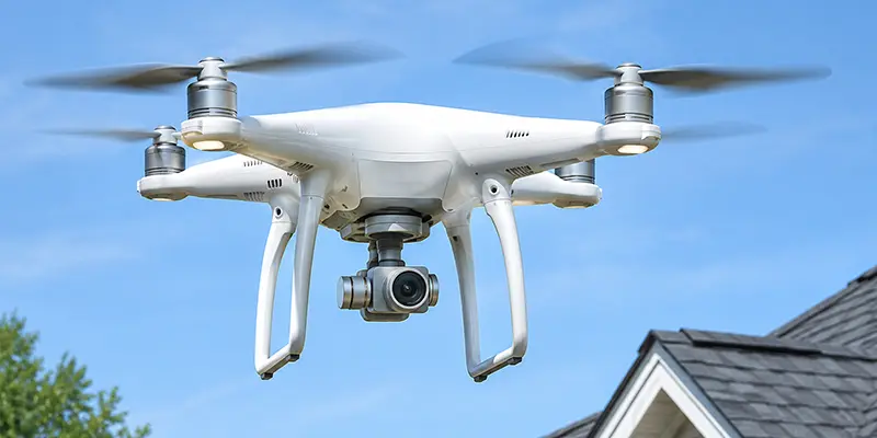 Drone capturing aerial video of a residential roof